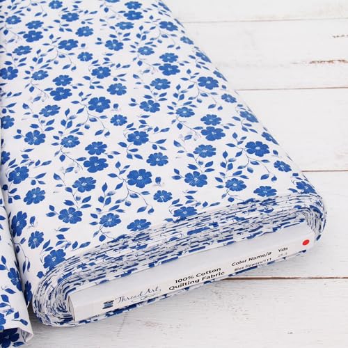 Threadart Vintage Blue Flower Cotton Quilting Fabric - 3 Yard Cut - color: Blue Flower, size: 3 YARD