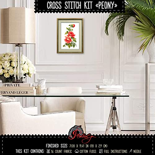 Povitrulya Beautiful Peonies Counted Cross Stitch kit - DIY Embroidery Set with Paper Pattern and prestored Floss - color: Peonies