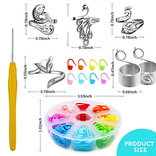 6pcs Yarn Tension Ring, Tension Ring Crochet, Knitting Crochet Loop Ring for Fingers, Adjustable Knitting Loop Crochet Ring, 104PCS Knitting Stitch Markers and 1 Crochet Hook