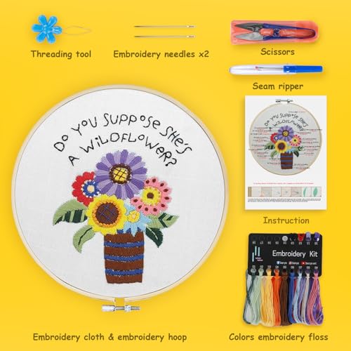 BERYA Cactus Embroidery Kit Including Video Step by Step Instructions Embroidery Hoop,Color Threads and Embroidery Scissors for Beginners-Handmade Needlepoint Kits for Adults - color: potted plants white