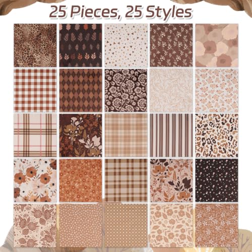 25 Pcs Brown Cotton Fabric Squares, 10 x 10 Inch, Precut - color: Brown Floral