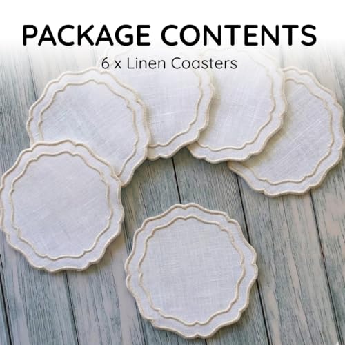 Linen Coasters for Drinks, Set of 6, 6 inch, White-Taupe - color: 1239 - White - Taupe, size: 6 inches
