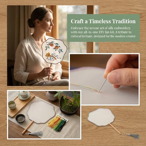 QIZUOLIFE Chinese Embroidery Fan Kit for Beginners - style: Persimmon's Lingering Charm