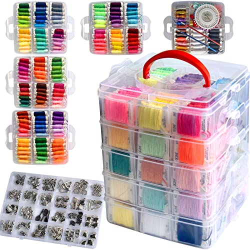 301 Embroidery Floss Set Including Cross Stitch Threads Friendship Bracelet String with 5-Tier Transparent Box, Floss Bobbins and Cross Stitch Kits - size: 5-Tier box