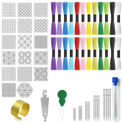 Sashiko Kit, Includes Sashiko Thread, 100% Cotton Fabric, Needle, Thimble, Threader, and Sashiko Pattern Template. Ideal for Sewing Beginners, Mending, and Hand Quilting.