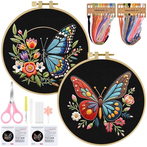 ERKOON Embroidery Kit for Beginners, 2 Set Flower Cross Stitch Set Include Embroidery Cloth Hoops Threads for Craft Lover Hand Stitch with Embroidery Skill Techniques (Butterfly) - color: Butterfly