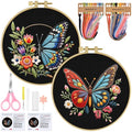 ERKOON Embroidery Kit for Beginners, 2 Set Flower Cross Stitch Set Include Embroidery Cloth Hoops Threads for Craft Lover Hand Stitch with Embroidery Skill Techniques (Butterfly) - color: Butterfly