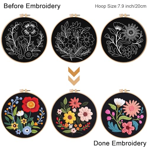 Louise Maelys 3 Pack Floral Embroidery Kit for Beginners, Washable Fabric - color: florals