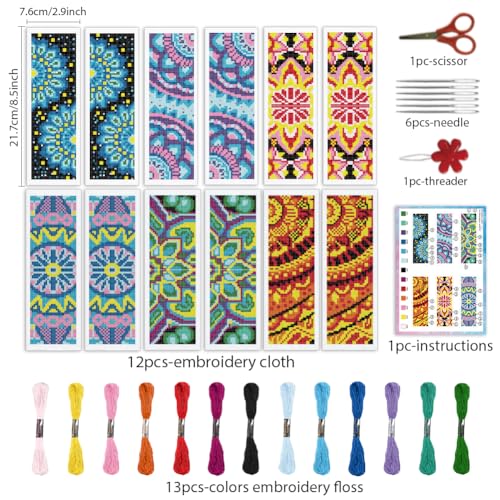 INFUNLY 6 Set Mandala Pattern DIY Cross Stitch Bookmark Kits for Beginners Art Floral Counted Cross Stitch Kit with Instruction Boho Flower Stamped Embroidery Bookmark Kit for Book Lovers Readers Gift - style: Dandala
