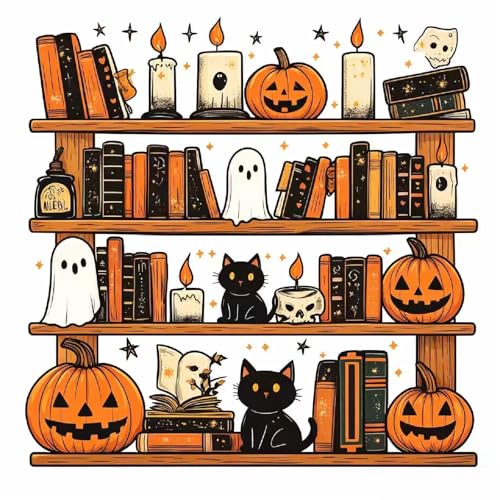 KYOQFVN Bookshelf Stamped Cross Stitch Kits for Adults Beginners - Halloween Counted Cross Stitch Kits - Halloween Embroidery Kits for Beginners Adults Arts Craft 14x14 inch - color: SZXWSJ-01
