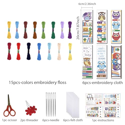 FREEBLOSS 6 Set Cross Stitch Bookmark Kit 11 CT Stamped Cross Stitch Kit DIY Embroidery Bookmark Kits for Adult Beginners with Instructions, Owl Books Pattern, 6 x 20 cm/8" x 2.4" - style: Owl