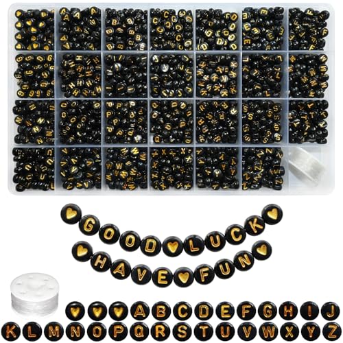 Looconi 1400pcs 4x7mm Black Letter Beads Round Acrylic with Gold Alphabet A-Z Heart Pattern Beads and Crystal Line for Jewelry Making (Black&Gold) - color: Black&Gold, size: 7x4mm