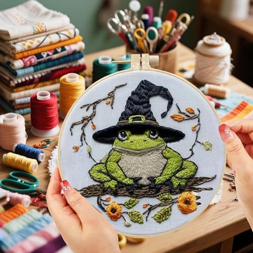 Floral Witch Hat Embroidery Kit Halloween Cross Stitch Material Set with Bat Skull Flower Pumpkin Patterns, DIY Hand Needlepoint Embroidery Craft Kit for Beginners Professional (Witchy Frog) - color: Witchy Frog