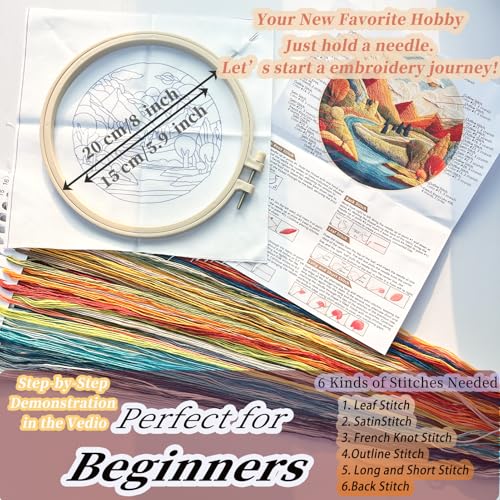 FONNUY Embroidery Kit for Beginners, Brightly Colored Landscape Lake Pre-Stamped Pattern Kits for Adults with Hoop, Easy to Follow Color Thread Needlework, 8'' Hoop (Blue) - color: Blue