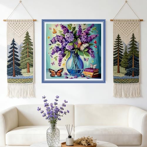 Redxing Stamped Cross Stitch Kits Full Range of Embroidery Starter Kits- Needlepoint Counted Cross Stitch Kits for Beginner Adults 11CT Printed Embroidery Kit-Flowers, vase, Butterfly 18x18 inch - color: DIYArtsKit16