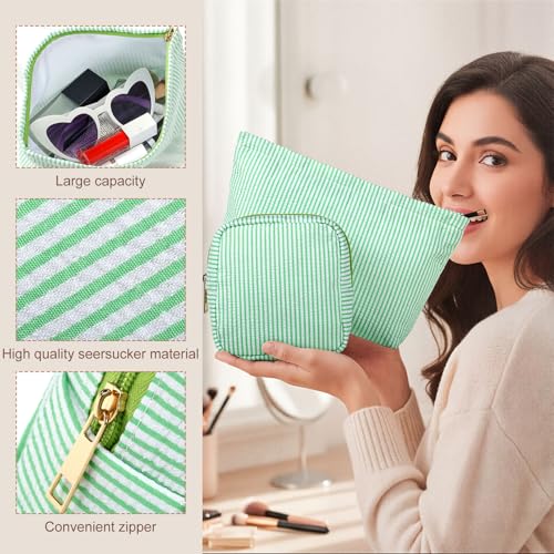 Sanwuta 4 Pcs Seersucker Pouch Striped Makeup Bag Set, Green - color: Green