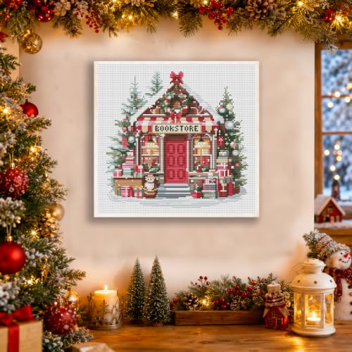 Christmas Bookstore Stamped Cross Stitch Kits for Adults Beginners 14x14 in - color: Christmas bookstore Cross Stitch