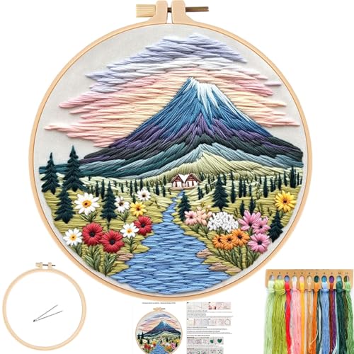 FONNUY Embroidery Kit for Beginners, Flower Hill Nature Landscape Pre-Stamped Pattern Kits for Adults with Hoop, Easy to Follow Color Thread Needlework, 8'' Hoop (Purple Blue) - color: Purple Blue