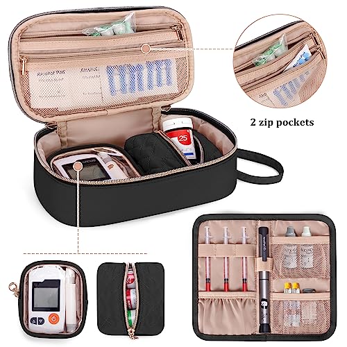 Yarwo Diabetic Travel Case for Blood Glucose Monitor, Test Strips, Syringes - color: Black