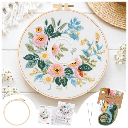Zerzsy 7.87 '' Embroidery Kits Plant Flower Leaf English Letter Patterns for Beginners Adults, Easy to Learn Cross Stitch Kit for Home Office Decor - color: Letter C