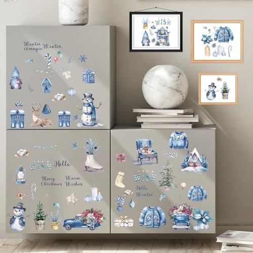 Winter Christmas Rub on Transfers for Crafts - Wxiben 12 Sheets Snowman Snowflake Rub on Transfers for Furniture Blue Xmas Gnome Rub on Transfer Decal Stickers for Wood DIY Craft Office Home Decor - style: Winter Christmas