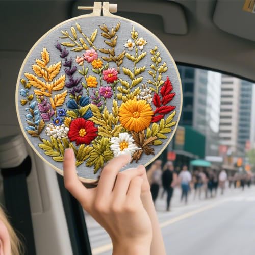 FONNUY Floral Embroidery Kit for Beginners, Colorful Flowers Pre-Stamped Pattern Kits for Adults with Hoop, Thread Needlework, 8'' Hoop (Zinnia) - color: Zinnia
