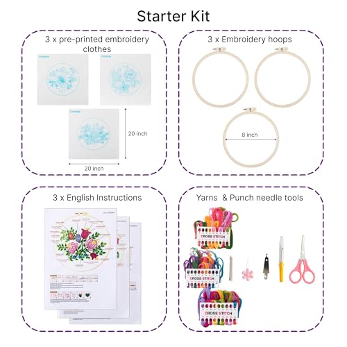 Embroidery Kit for Beginners – Set of 3 Floral Patterns with Hoops, Threads, Needles & Instructions, DIY Hand Embroidery Starter Kit for Adults
