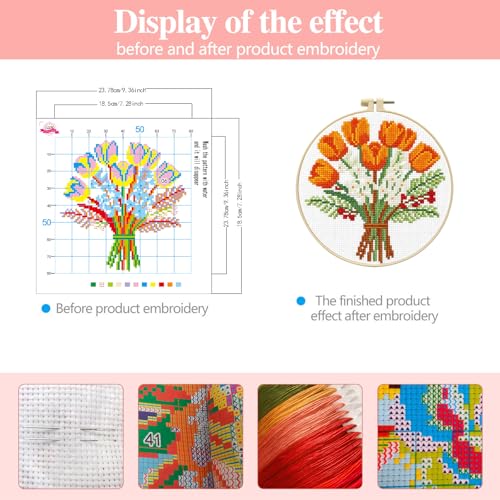 Zhenqing Orange Tulip Bouquet Cross Stitch Kit for Beginners - Complete Set with Pre-Printed 11CT 24x24cm Fabric, Hoop & Threads(70359) - color: 70359