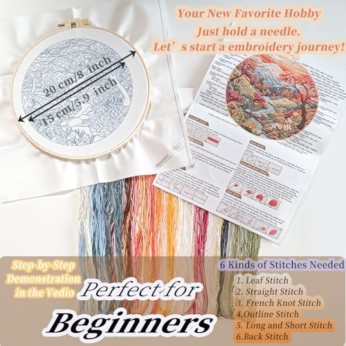 FONNUY Embroidery Kit for Beginners, Boho Nature Landscape Pre-Stamped Pattern Kits for Adults with Hoop, Easy to Follow Color Thread Needlework, 8'' Hoop (Mountain Stream) - color: Mountain Stream