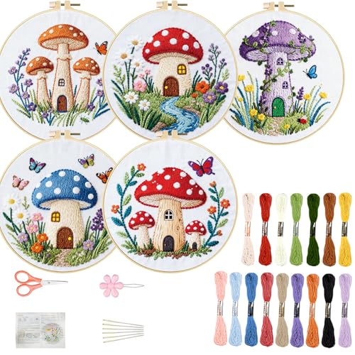 FREEBLOSS 5 Set Embroidery Kit Mushroom Pattern Stamped Embroidery Starter Kit with Step by Step Instructions, Colored Threads, 2 Hoops, Needlepoint Kits for Hand Craft Lovers Gift, 30cm/11.8inch