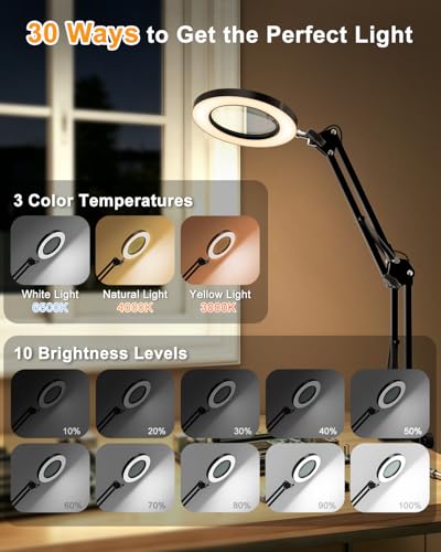 10X Magnifying Lamp with Light [Clamp and Stand], 4.3” Real Glass Lens Magnifier Desk Lamp Clip On, Metal Swing Arm LED Ring Light with 3 Color Modes & 10 Brightness for Close Work Crafts Nail - style: Lamp with Clamp and Stand