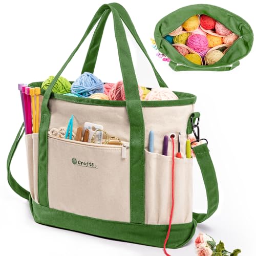 Large Yarn Bags for Crocheting, Canvas Crochet & Knitting Project Tote - color: Lime, size: Large-15”