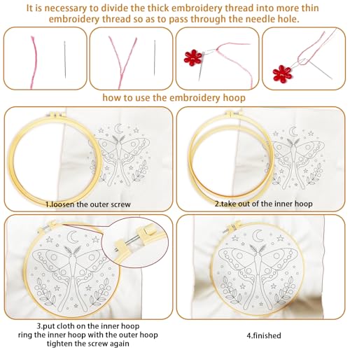 BEUNITONE 6 Set Moth Embroidery Kit for Adults Beginners, DIY Needlepoint Craft Kits with Instructions and Hoops, Complete Starter Set for Adults, Handmade Embroidery for Gifts and Home Decor 20x20cm - style: Moth