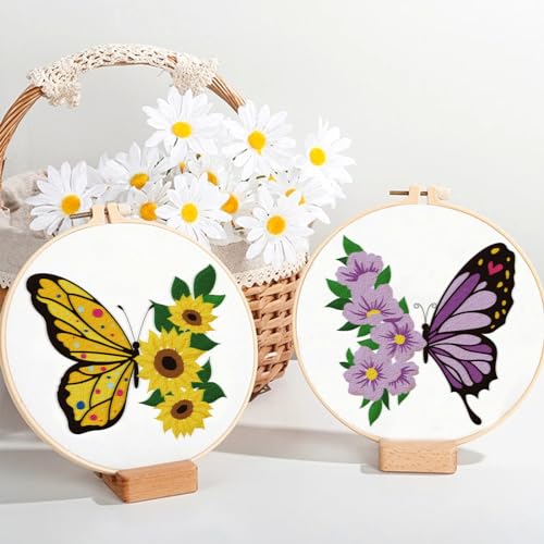 ORIGACH 4 Pack Flowers and Butterfly Embroidery Kits for Beginners, DIY Starter Hand Embroidery Kit with Floral and Butterfly Patterns and Instructions for Adults Women Crafting - color: Flowers and Butterfly