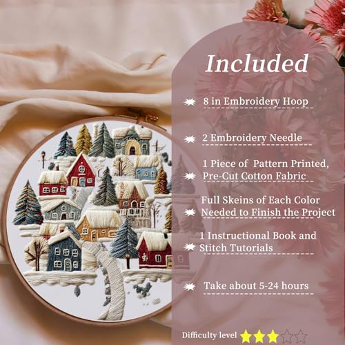 FONNUY Crewel Christmas Embroidery Kit for Beginners, Cross Stitch Set Winter Snow Scene Pine Owl Pattern for Adults, Easy to Follow Color Thread Needlework, 8'' Hoop (Tree and House 1) - style: Tree and House 1