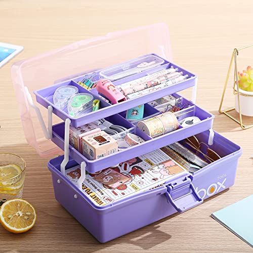 Kinsorcai 12'' Three-Layer Clear Plastic Storage Box/Tool Box, Multipurpose Organizer and Portable Handled Storage Case for Art Craft and Cosmetic (Purple) - color: purple, size: 1PCS