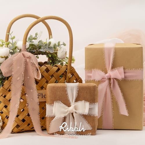 Ribbli Pink Ribbon 1 Inch x 3 Rolls Total 24 Yards Cream/Blush Pink/Rose Gold Handmade Fringe Chiffon Silk Ribbon for Wrapping Wedding Invitations Bridal Bouquets DIY Crafts Home Decor - color: Cream/Blush/Rose Gold