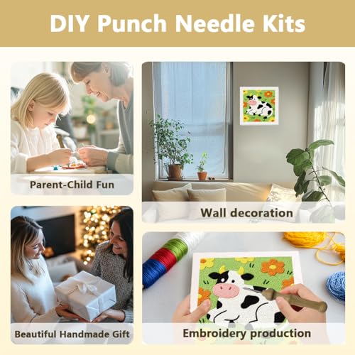 Doodlream Cow Flower Needle Kit for Beginner, 9.4"x 9.4" Cartoon Animal Punch Stitching Craft Set, Color DIY Embroidery Starter with Printed Frame, Instruction, Threader, Yarn, Pinch Needle - color: Cow