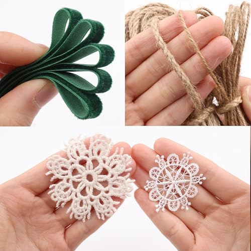 IDONGCAI Velvet Ribbon, Jute Twine & Lace Snowflake Craft Kit - color: Dark green