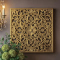 XIAOAIKA Boho Carved Wood Wall Art Panel, Floral Mandala, Distressed Gold - color: Distressed Gold