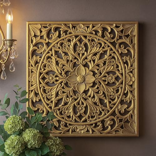 XIAOAIKA Boho Carved Wood Wall Art Panel, Floral Mandala, Distressed Gold - color: Distressed Gold