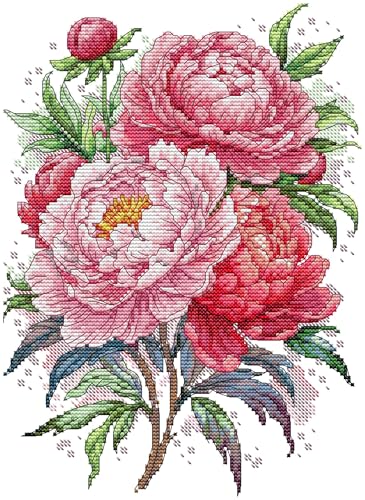 CaptainCrafts Cross Stitch Kits Flowers Stamped Printed Fabric Cross Stitching DIY Needlepoint Embroidery Kit for Adults - color: Peony flowers, style: Stamped
