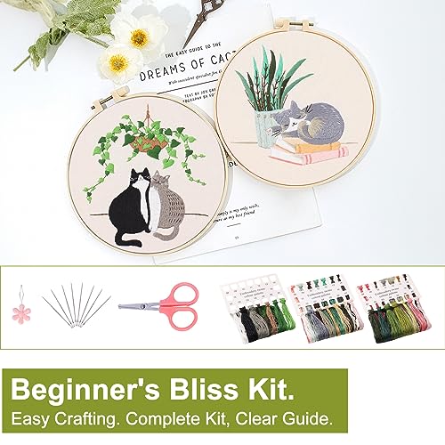 Santune 3 Pack Embroidery Kit for Beginners with Pattern, Cross Stitch Kits for Adults with Instructions,Needlepoint Kits for Adults Include 1 Embroidery Hoops,Color Threads and Needles(Cat) - color: Cat Series
