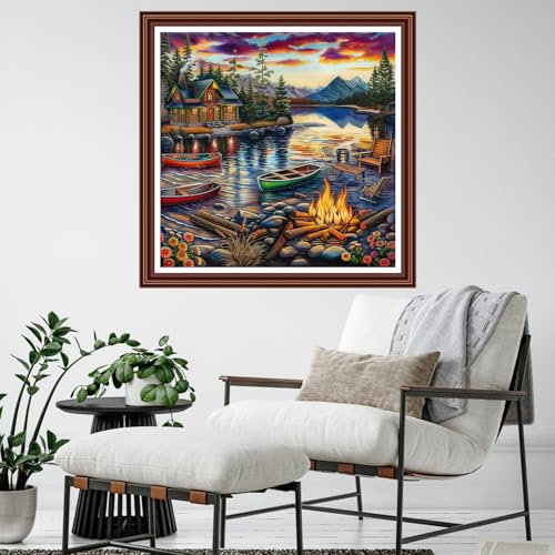 Dimensean Counted Cross Stitch Kit for Beginners, 11CT Unprinted Cross-Stitch Kit Easy Patterns Needlepoint Kit Cross Stitching Embroidery Kit Supplies-Sunset Bonfire by the Lake 18x18 inc - color: ColornNEW08