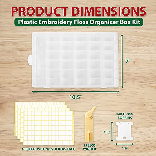 Mandala Crafts Plastic Embroidery Floss Organizer Box with Dividers Bobbin Winder 100 Floss Bobbins 398 Stickers for Embroidery Thread Storage - Cross Stitch Organizer for Floss Storage