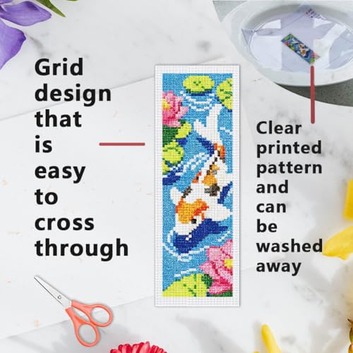 INFUNLY 6 Set Koi Fish DIY Cross Stitch Bookmark Kits for Adults Lotus Pond Counted Cross Stitch Kit with Instructions Koi Fishes Stamped Embroidery Bookmark Kit for Book Lovers Readers Gift - style: Koi Fish
