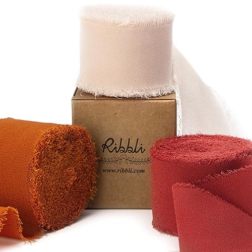 Ribbli Chiffon Silk Ribbon, 1.5 inch x 30 Yard, Champagne/Terracotta/Rust Red Fringe Chiffon Fall Ribbon for Wedding Invitations, Bridal Bouquets Wrapping, Flower Arrangement Decoration - color: Champagne/Terracotta/Rust Red