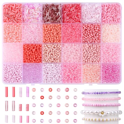 LAIDANLA 7500pcs Pink Glass Seed & Bugle Tube Beads Kit for Jewelry Making - color: Pink