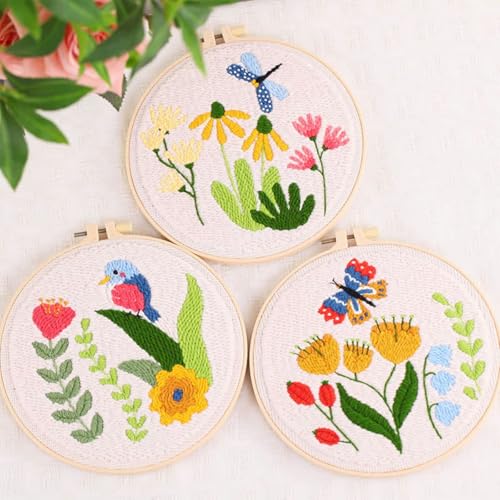 Woohome Punch Needle Kit Included Plastic Hoops, Punch Needle Cloth, Color Yarn and Punch Needle Tools for Adults, Beginners (Butterfly, Dragonfly and Bird) - color: Color 33