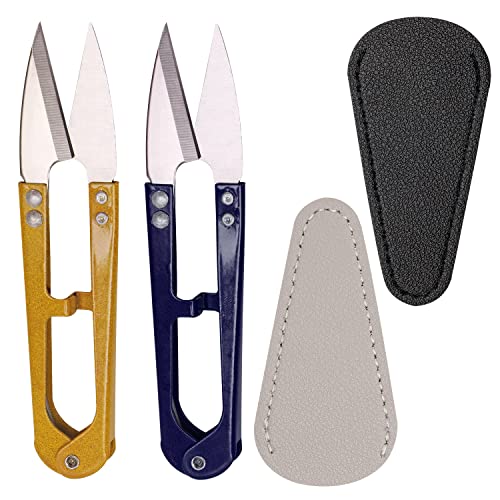 2Pcs Multicolor Mini Sewing Scissors Clipper 2Pcs Leather Scissors Sheath Cover Small Embroidery Thread Thrum Yarn Trimming Nipper U-Shaded Craft Cross Stitch Scissor (Dark Blue/Yellow) - color: Dark Blue/Yellow